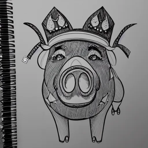 Image similar to detailed line art doodle sketches of a pig wearing a gold crown in the style of alan moore