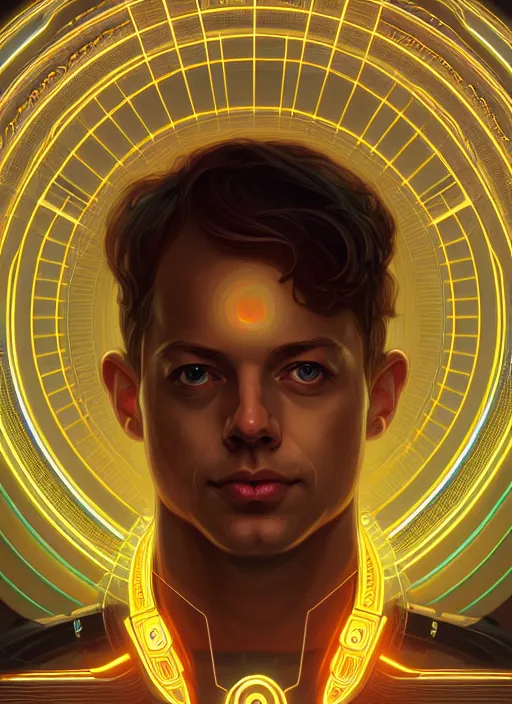 Image similar to symmetry portrait of steve huffman from reddit, sci - fi, tech wear, glowing lights intricate, elegant, highly detailed, digital painting, artstation, concept art, smooth, sharp focus, illustration, art by artgerm and greg rutkowski and alphonse mucha