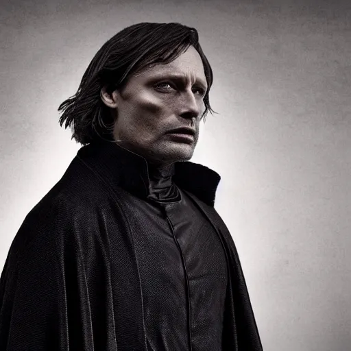 Image similar to mads mikkelsen as a vampire, male, late - 4 0 s aged, shoulder length hair, slicked black hair, red eyes, clean shaven, wearing a cape, regal, royal, grim facial expression, high medieval fantasy, full color digital art, cinematic shot, full body shot.