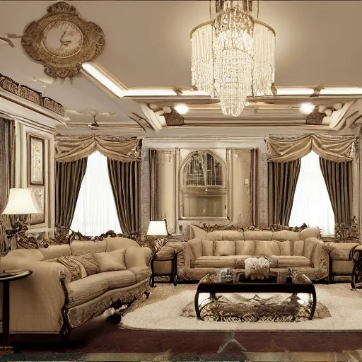 Prompt: photorealistic imperial living room imperial furniture big ceiling