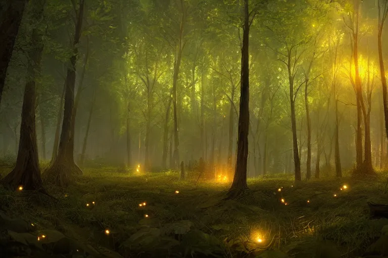 Prompt: fireflies vortex illuminating the forest at night, peaceful scene, 8 k octane render, atmospheric effects, by jonas de ro, artstation, deviantart