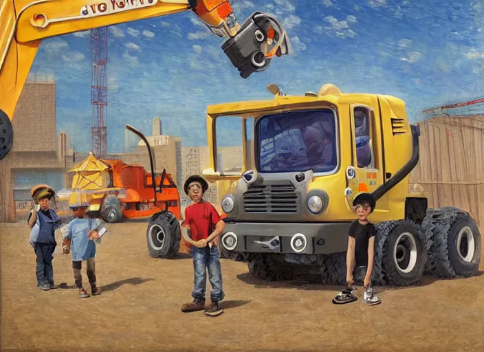 Prompt: a boy and his construction truck friends in a construction site in the style of pixars cars, in the style of jeremy enecio, intricate, miles johnston, monet, cynical realism, john william godward, painterly, yoshitaka amano, miles johnston, louise zhang, pekka halonen, finnish naturalism, realism