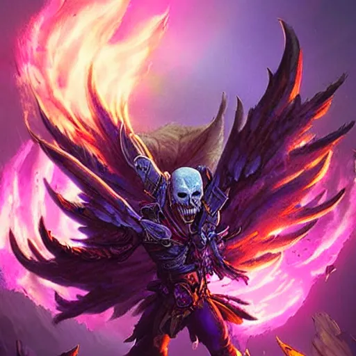 Image similar to flying skulls with violet fire trails, two fangs, violet theme, epic fantasy digital art style, fantasy artwork, by Greg Rutkowski, fantasy hearthstone card art style