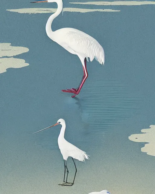 Image similar to a white crane bird hunting in shallow water by abandoned greek architecture, digital art, illustrated by james gurney and victo ngai