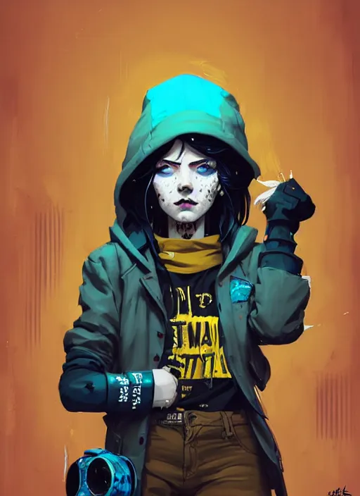 Prompt: highly detailed portrait of a sewerpunk lady student, blue eyes, tartan hoody, hat, white hair by atey ghailan, by greg rutkowski, by greg tocchini, by james gilleard, by joe fenton, by kaethe butcher, gradient yellow, black, brown and cyan color scheme, grunge aesthetic!!! ( ( graffiti tag wall background ) )