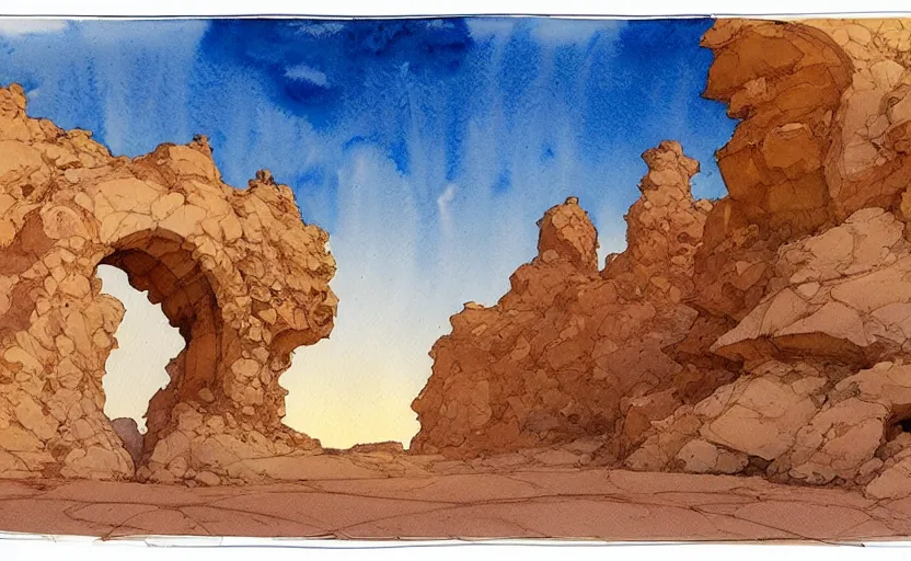 Image similar to a hyperrealist watercolour concept art of a desert night. through a large rock arch is a clear blue sky. by rebecca guay, michael kaluta, charles vess and jean moebius giraud. high detail, hq, wide shot