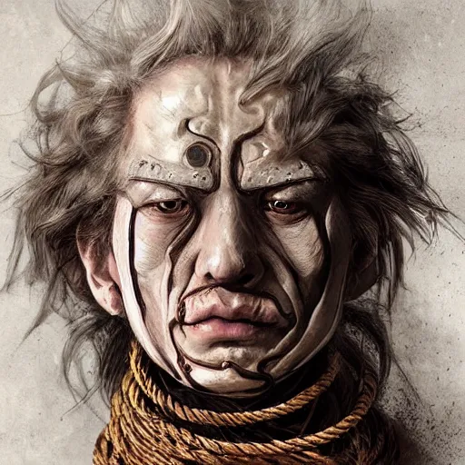 Image similar to portrait of a Shibari rope wrapped face and neck, headshot, insanely nice professional hair style, dramatic hair color, digital painting, of a old 17th century, old cyborg merchant, amber jewels, baroque, ornate clothing, scifi, realistic, hyperdetailed, chiaroscuro, concept art, art by Franz Hals and Jon Foster and Ayami Kojima and Amano and Karol Bak,