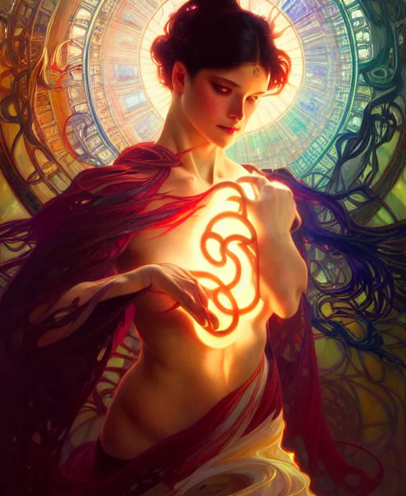 Image similar to a whirlwind of souls ushing inside the metaverse, half body, glowin eyes, d d, fantasy, intricate, elegant, highly detailed, colorful, vivid color, digital painting, artstation, concept art, art by artgerm and greg rutkowski and alphonse mucha and ruan jia