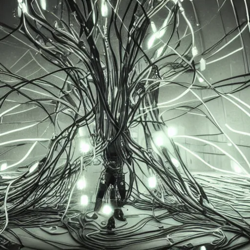 Image similar to nervous system made of wires and alien technology in a white room with glowing leds, hyper detailed, surreal concept art, apocalyptic, realistic, alive, industrial, tech, black and white photo on film, grain, cyborg, futuristic, humanoid, dream,