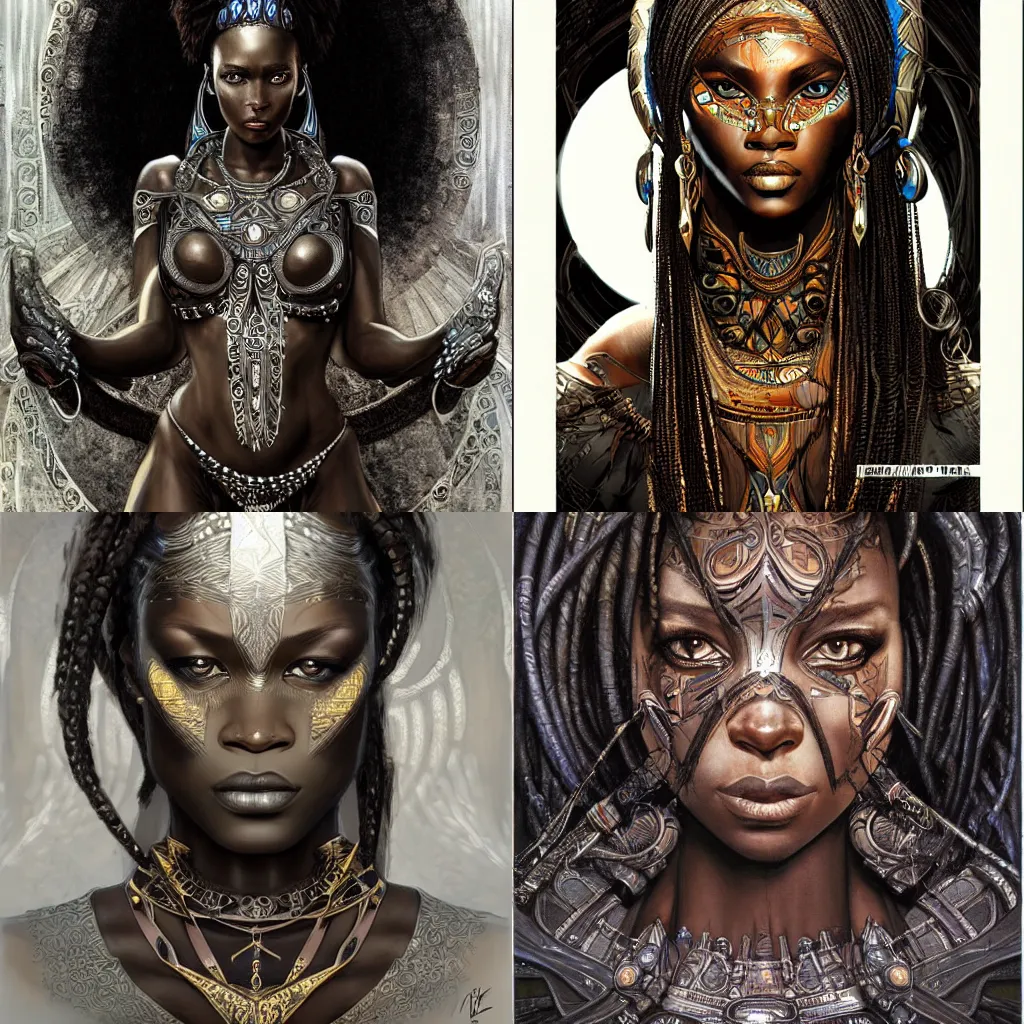 Prompt: black african princess, aleksi briclot, symmetric, intricate, highly detailed, concept art, sharp focus, illustration, rutkowski, mucha, giger
