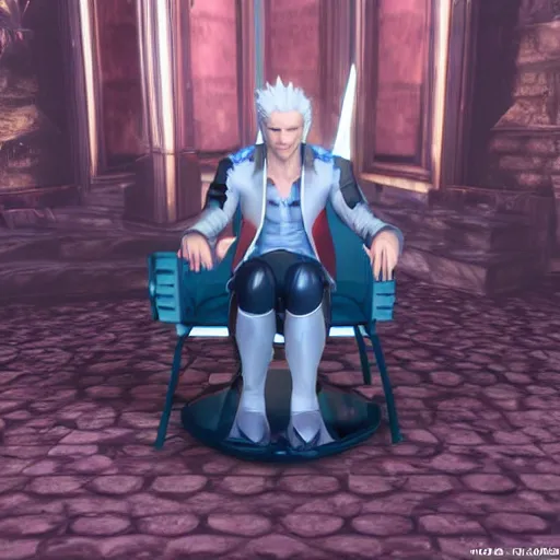 Vergil from devil may cry 4 sitting confidently at a restaurant