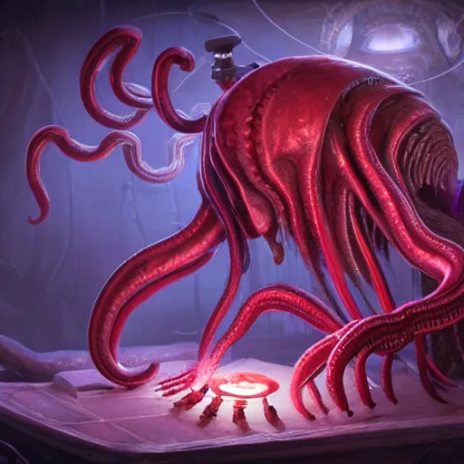 Image similar to ilithid mindflayer with headphones playing synthesizers, D&D, sigils, glowing candles, studio quality, intricate detail, unreal engine, hyperrealistic,