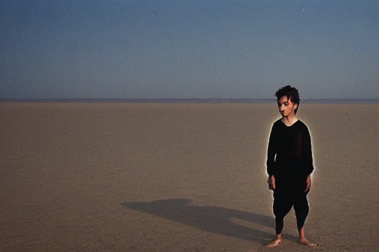 Prompt: a cinematic portrait of a boy wearing a black outfit and a mask connected to water, in a serene vast desert, dune movie, cinematic, movie still, dramatic lighting, by bill henson, 1 6 : 9 ratio