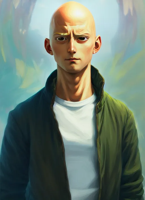 Image similar to handsome saitama, half body shot, path traced, environment, highly detailed, high quality, digital painting, alena aenami, lilia alvarado, shinji aramaki, karol bak, alphonse mucha, tom bagshaw