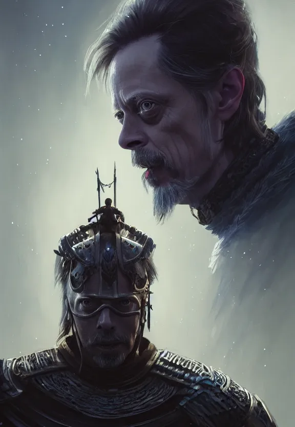 Image similar to highly detailed medium shot portrait of steve buscemi as a fantasy knight surrounded by magic, in skyrim, stephen bliss, unreal engine, fantasy art by greg rutkowski, loish, rhads, ferdinand knab, makoto shinkai and lois van baarle, ilya kuvshinov, rossdraws, tom bagshaw, global illumination, radiant light, detailed and intricate environment