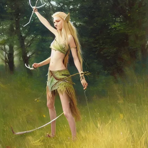 Prompt: mystical forest elf archer with long blond hair in the midst of a grassy meadow, oil painting, Greg Rutkowski