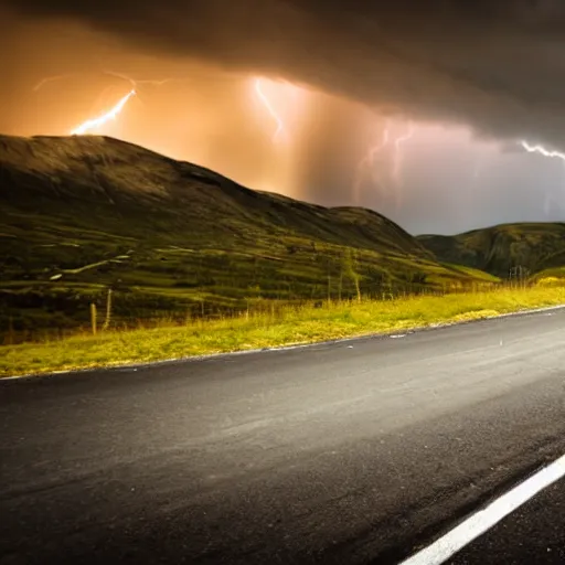 Image similar to pontiac firebird trans - am driving towards the camera, norway mountains, cinematic, motionblur, volumetric lighting, foggy, wide shot, low angle, large lightning storm, thunder storm, tornado