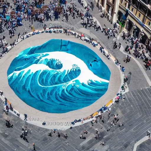 Image similar to A white and blue marble sculpture of The Great Wave off Kanagawa in the middle of an Italian piazza, midday, 4k photograph, sunny day, long shot, overhead view, far away