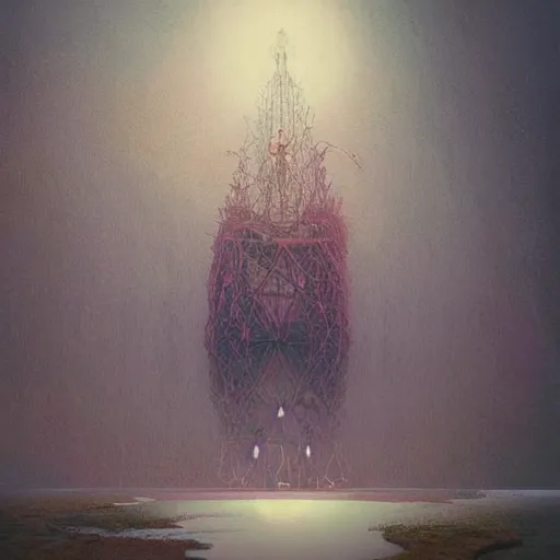 Image similar to strangely beautiful place. digital artwork by vincent bons, michael whelan, beeple, remedios varo and gerardo dottori. grainy and rough. interesting pastel colour palette. beautiful light. oil and water colour based on high quality render. retro.