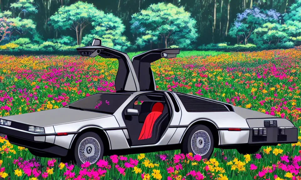 Prompt: a delorean standing in a flower field, anime style