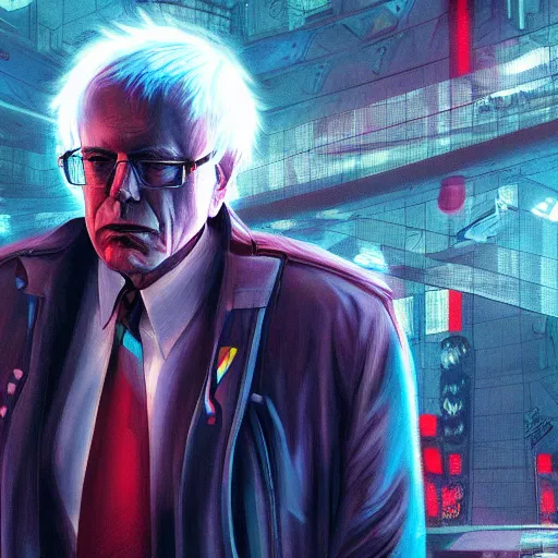 Image similar to cyberpunk bernie sanders as the leader of a futuristic communist nation, cybernetics, sharp lines, digital, artstation, colored in