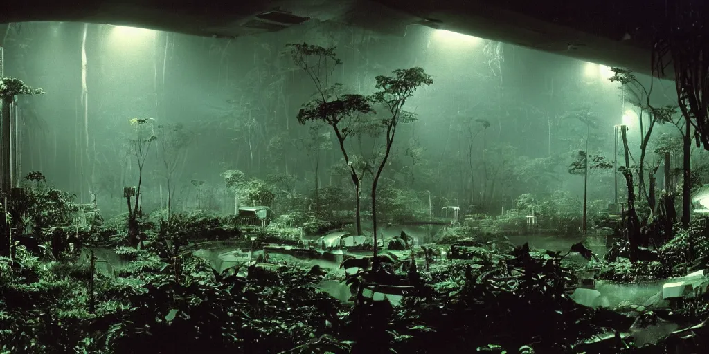 Image similar to film still of a dark futuristic scientific research outpost with complicated machinery and lasers in a moist foggy jungle, science fiction, ridley scott, lights through fog, futuristic outpost building, wet lush jungle landscape, dark sci - fi, 1 9 8 0 s, beige and dark atmosphere, ridley scott