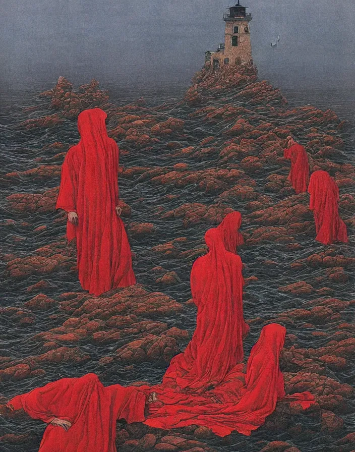 Image similar to worshippers in red robes belonging to the cult of the lighthouse on the rocky shore right in front of the lighthouse, high detailed beksinski painting, part by adrian ghenie and gerhard richter. art by takato yamamoto. masterpiece, deep colours, blue