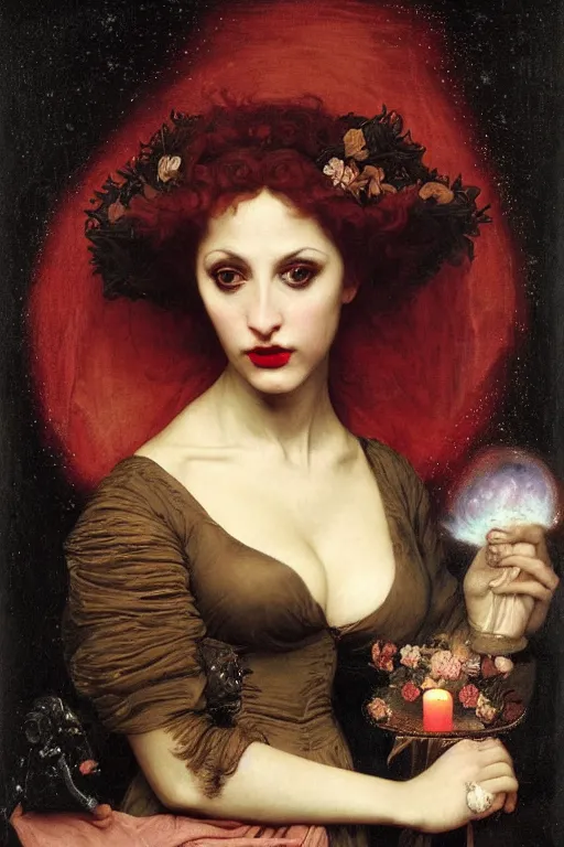 Prompt: a renaissance oil painting by alma tadema of demonic beautiful vampire woman mistress of death mourning widow in cosmos, cloudy nebula background, faint smile dark lipstick, hair bun, dark lit candles, colourful pastel trending artstation, detailed portrait academic bouguereau caravaggio high shadow contrast medium shot, rococo frame