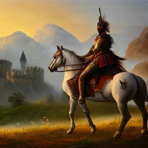 Image similar to oil painting of a warrior on a horse in front of a misty castle, fantasy, detailed, dawn