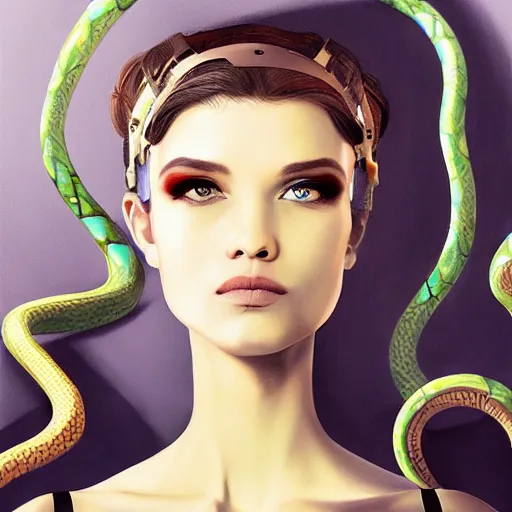 Image similar to a robotic woman with snakes on her hair, artstation