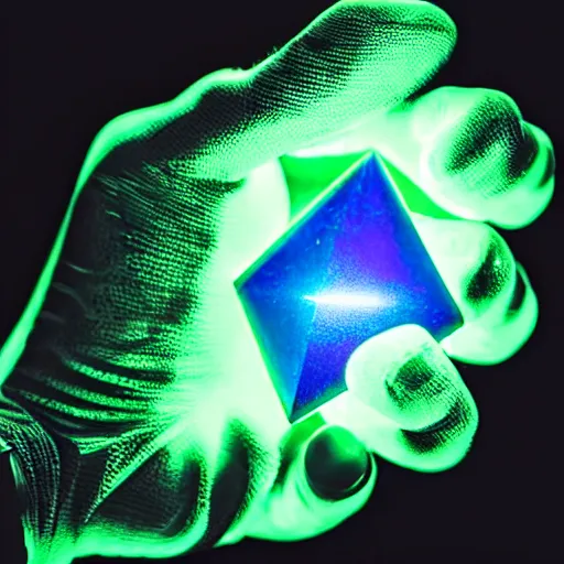 Prompt: a glowing shard of kryptonite held in an open black - gloved hand, black background