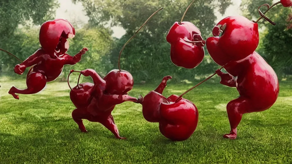 Prompt: anthropomorphic cherries fighting in a backyard, film still from the movie directed by Denis Villeneuve with art direction by Salvador Dalí, wide lens