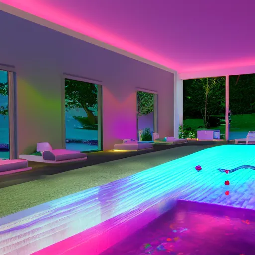 Image similar to govee hue led strip lighting, swiming pool, scene, colourful, 8 k, unreal engine, realistic, house and home,