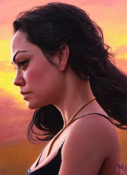 Image similar to epic portrait of Mila Kunis wearing black choker, a very strong muscled Amazon heroine, sun beams across sky, pink golden hour, intricate, elegance, highly detailed, shallow depth of field, epic vista, concept art, art by Artgerm and Donato Giancola, Joseph Christian Leyendecker