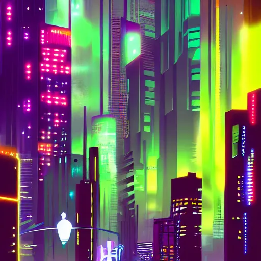 Prompt: Neon cyber city, bright, tall buildings, night time, digital painting, concept art, sharp focus, pixiv, artstation, 4k, by Robert Del Naja and Chris Cunningham and Andrew Jones