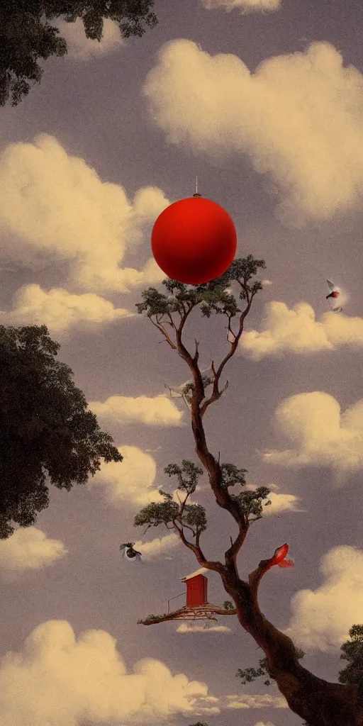 Prompt: matte painting of a red ball balancing on a small house balancing on a pine tree, very tall, in the sky, surrounded by clouds, birds eye view, highly detailed, disney, style of maxfield parrish, in the style of lady and the tramp