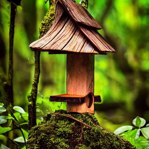 Image similar to wooden birdhouse in a tree in the rain forest, mushrooms and leaves on the birdhouse, mushrooms, dense rain forest, backlit, realistic, beautiful lighting