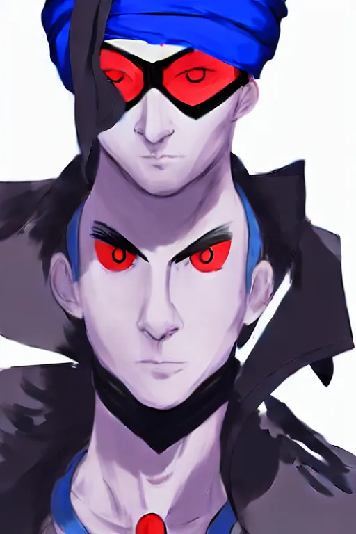 Image similar to A young man wearing a blue turban, beardless, shaven face, middle-eastern, in the style of Persona 5, Persona 5, Persona 5 artwork