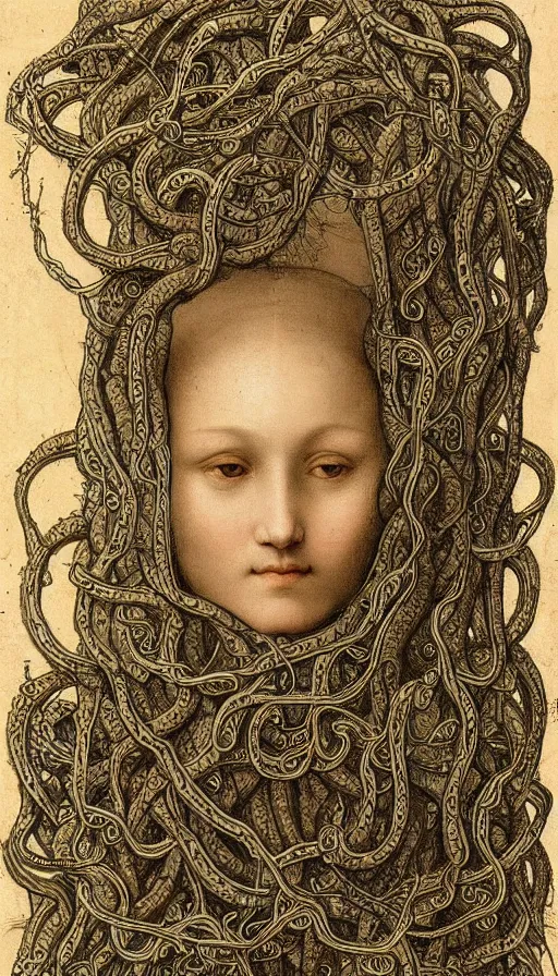 Prompt: very detailed portrait of a 2 0 years old girl surrounded by tentacles, the youg woman visage is blooming from fractal and vines, by leonardo da vinci