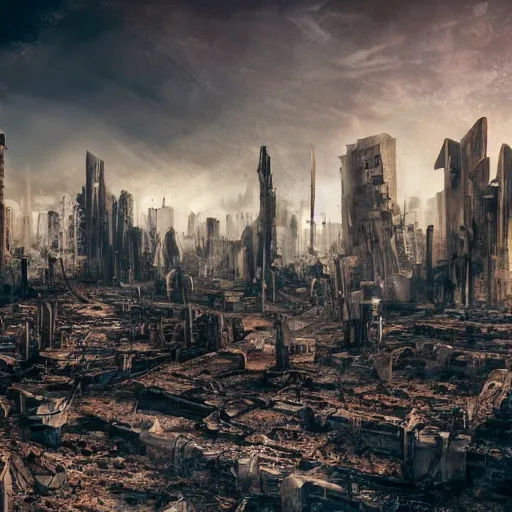 Image similar to the ruins of a futuristic city in a post-apocalyptic world, photography, award winning, 8k