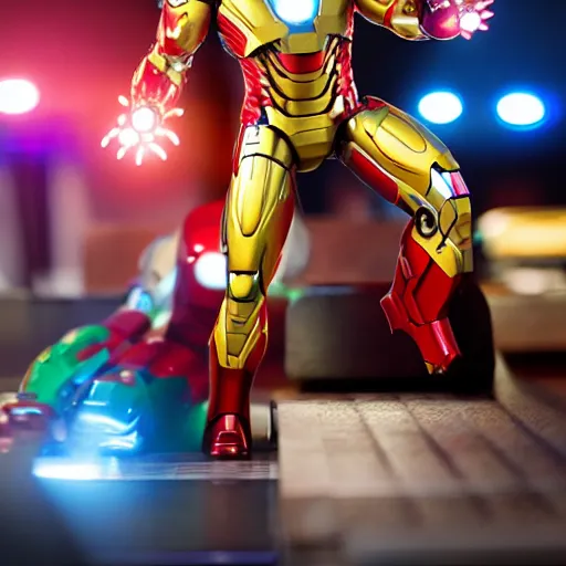 Prompt: Iron Man working as a 7/11 cashier, counter, laser scanner, macro, wide wide shot, very detailed, beautiful lighting