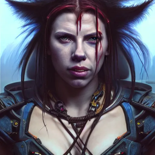 Image similar to portrait painting of a cyberpunk orc shaman extremely muscular ugly scarlett johansson with bad teeth, ultra realistic, concept art, intricate details, eerie, highly detailed, photorealistic, octane render, 8 k, unreal engine. art by artgerm and greg rutkowski and charlie bowater and magali villeneuve and alphonse mucha