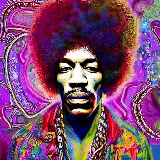 Image similar to An extremely psychedelic portrait of Jimi Hendrix wearing a crown, surreal, LSD, face, detailed, intricate, elegant, lithe, highly detailed, digital painting, artstation, concept art, smooth, sharp focus, illustration