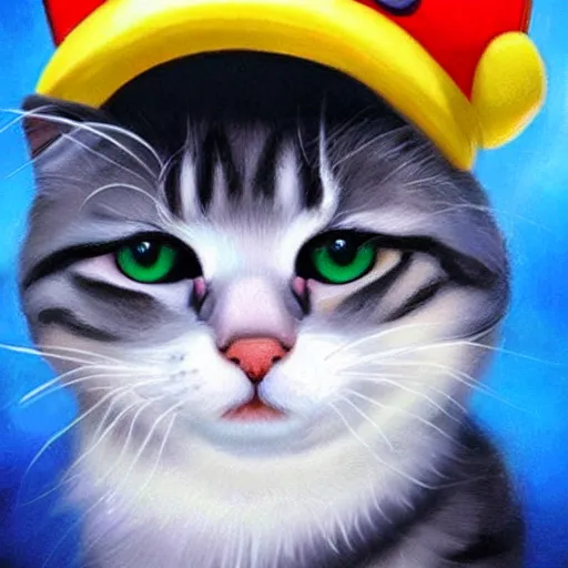 Image similar to A beautiful oil painting of a Kawaii Cat wearing a Super Mario Hat, illustration, art by artgerm, volumetric lighting, photorealistic, highly detailed.