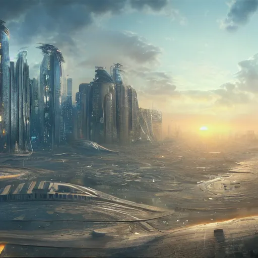 Image similar to utopic future city,differential growth,city panorama,beautiful sunsetpanoramic,boris vallejo,luis royo,michael whelan,photorealistic,unreal engine 5,octane render,detailed