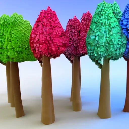 Image similar to forest of many 3 d cartoon trees, all unique, colourful