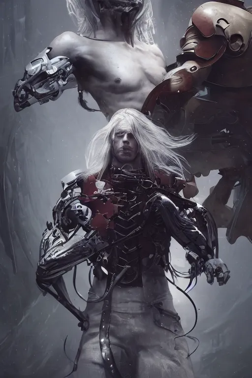 Image similar to a portrait of a toned male cyborg archer with long white hair and pale skin with joints still visible by greg rutkowski, sung choi, mitchell mohrhauser, maciej kuciara, johnson ting, maxim verehin, peter konig, bloodborne, 8 k photorealistic, cinematic lighting, hd, high details, dramatic, dark atmosphere, trending on artstation