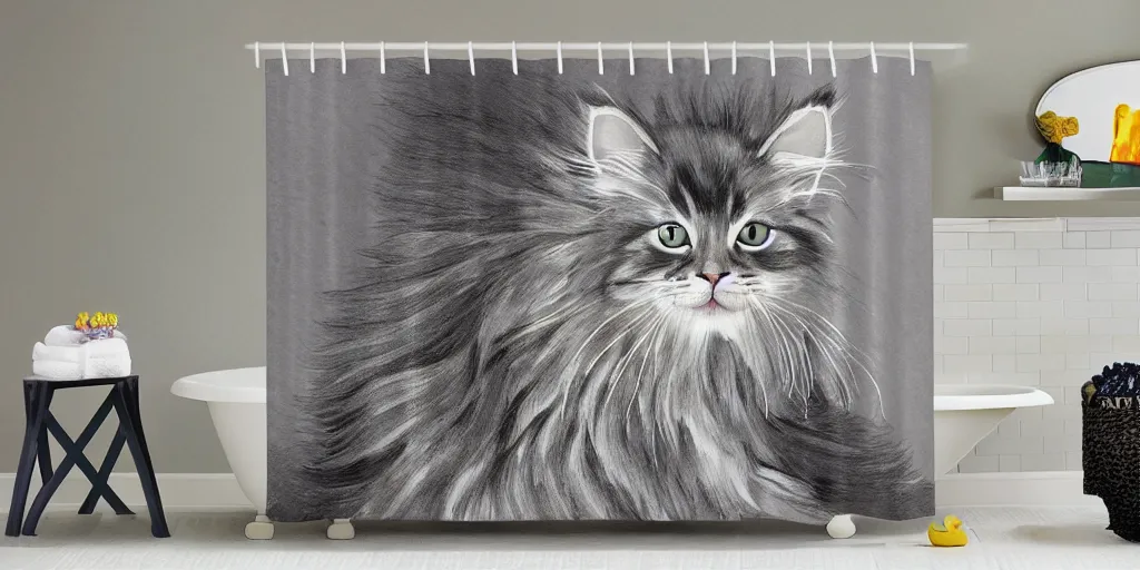 Prompt: shower curtain product catalog. on the curtain is a watercolor with ink under drawing of a maine coon kitten. wide - angle product photography, product lighting. 4 k, highly detailed. saturated.