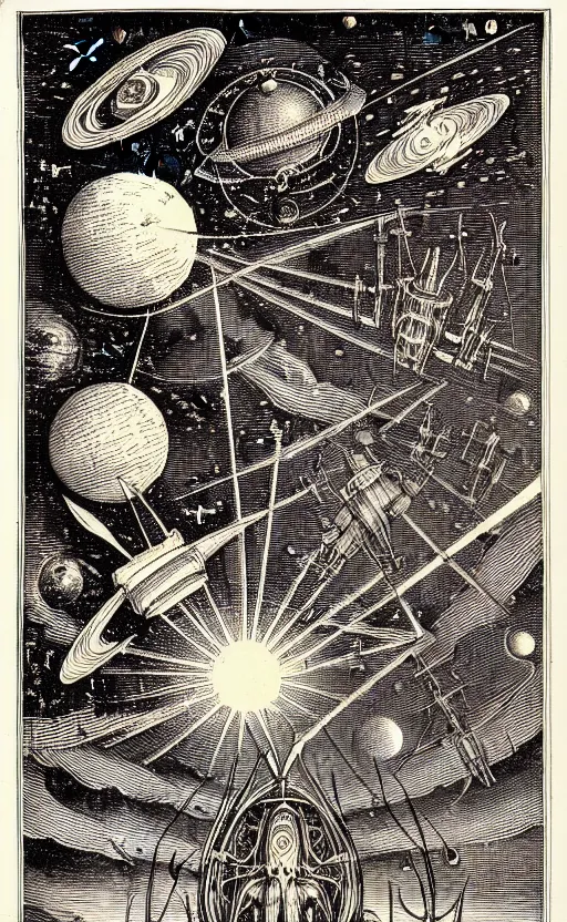 Prompt: astronomy textbook very professional illustration by Albrecht Dürer with night starry sky with flying ships in sci-fi space with very disturbing atmosphere, inspired by Joe Fenton and H. R. Giger old vintage Victorian England engraving