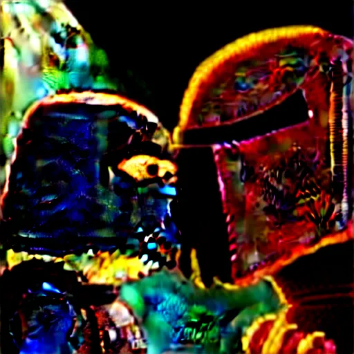 Image similar to mando from mandalorian kissing peter griffing from family guy ultra realistic, lens flare, atmosphere, glow, detailed, intricate, full of colour, cinematic lighting, trending on artstation, 4 k, hyperrealistic, focused, extreme details, unreal engine 5, cinematic, masterpiece, ultra realistic, hyper realistic, highly detailed, sharp focus, digital art